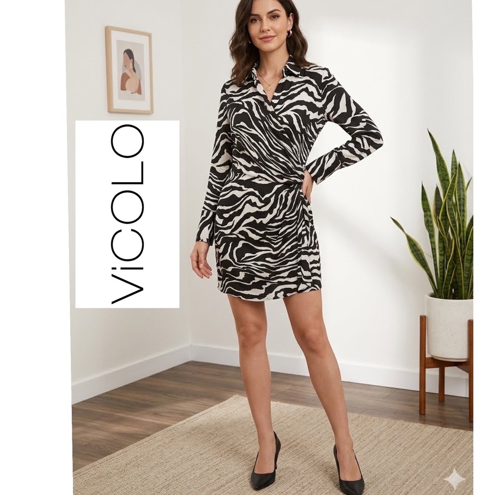 Vicolo Zebra Print Wrap Mini Dress Black White Long‎ Sleeve Made in Italy Size S